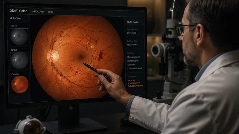 Netzhautaufnahme mit Gefäßveränderungen bei diabetischer Retinopathie am Bildschirm