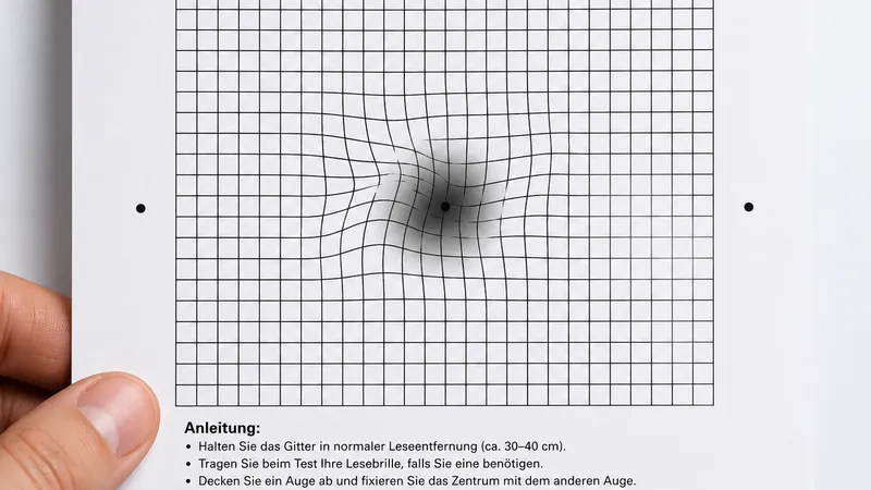 Amsler-Gitter mit welligen, verbogenen Linien als Selbsttest für Makulaveränderungen
